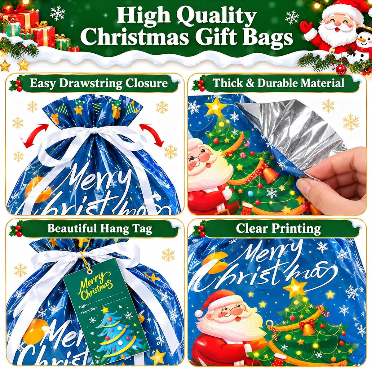 35PCS Christmas Drawstring Gift Bags, Assorted Sizes Small Medium Large