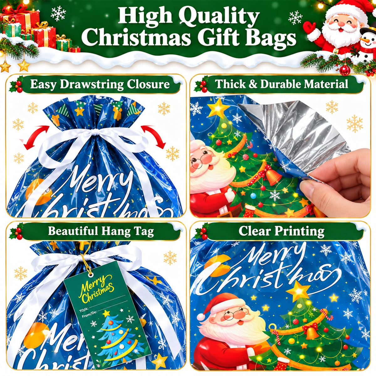 35PCS Christmas Drawstring Gift Bags, Assorted Sizes Small Medium Large