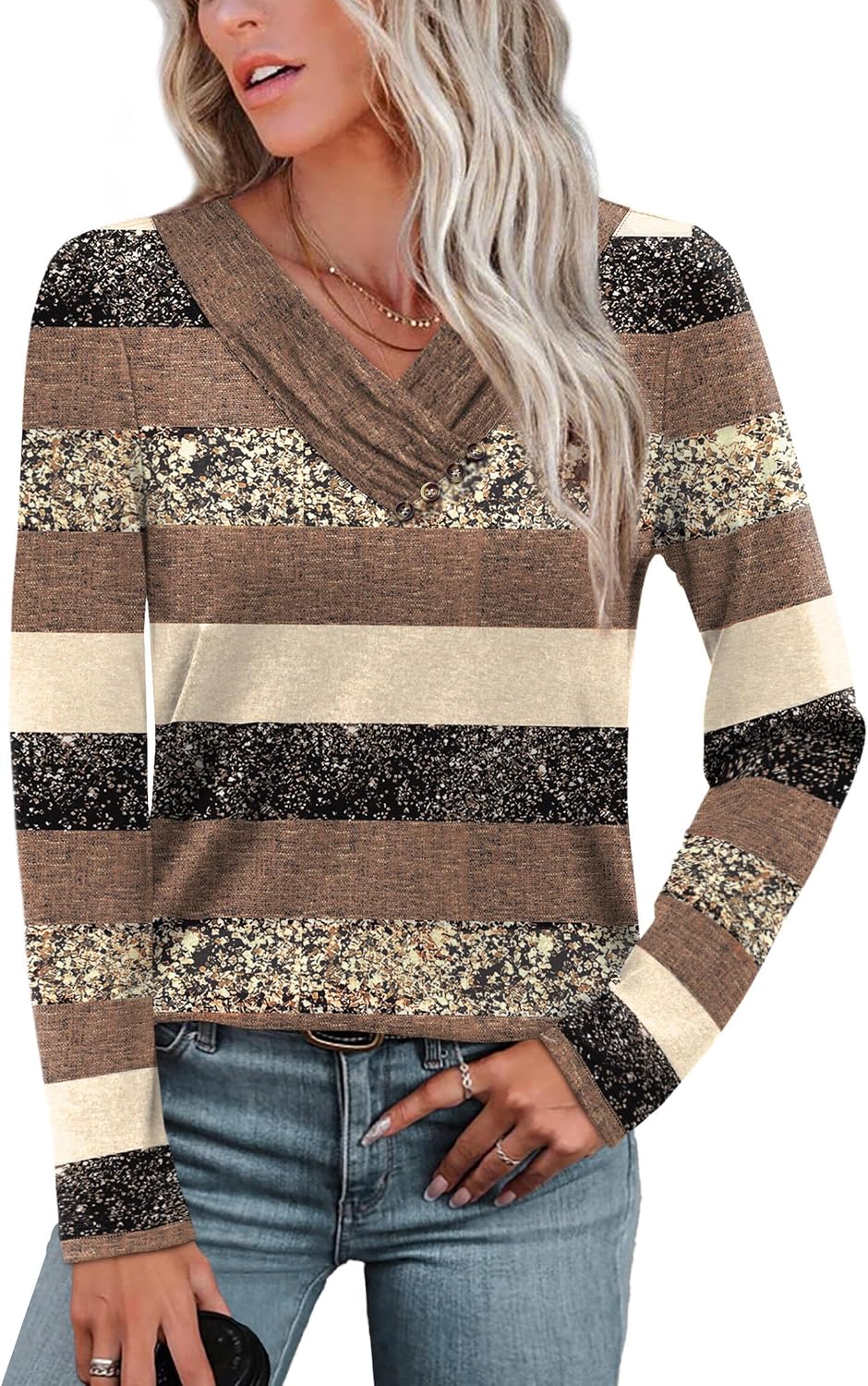 Women's V-Neck Long Sleeve Button Down Tunic Top