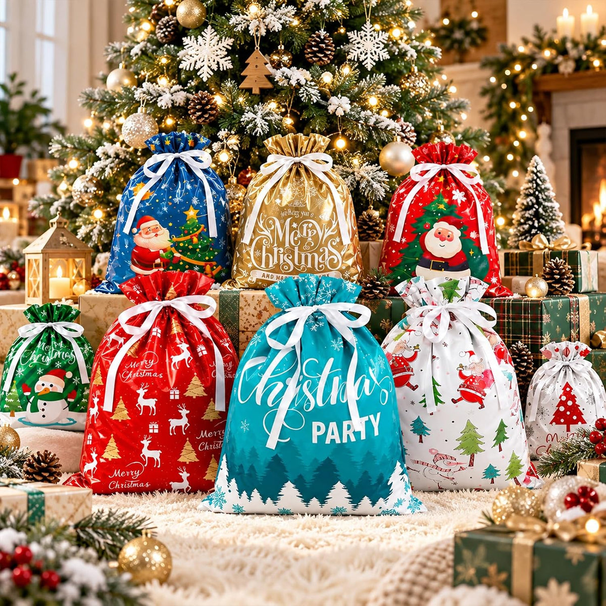 35PCS Christmas Drawstring Gift Bags, Assorted Sizes Small Medium Large
