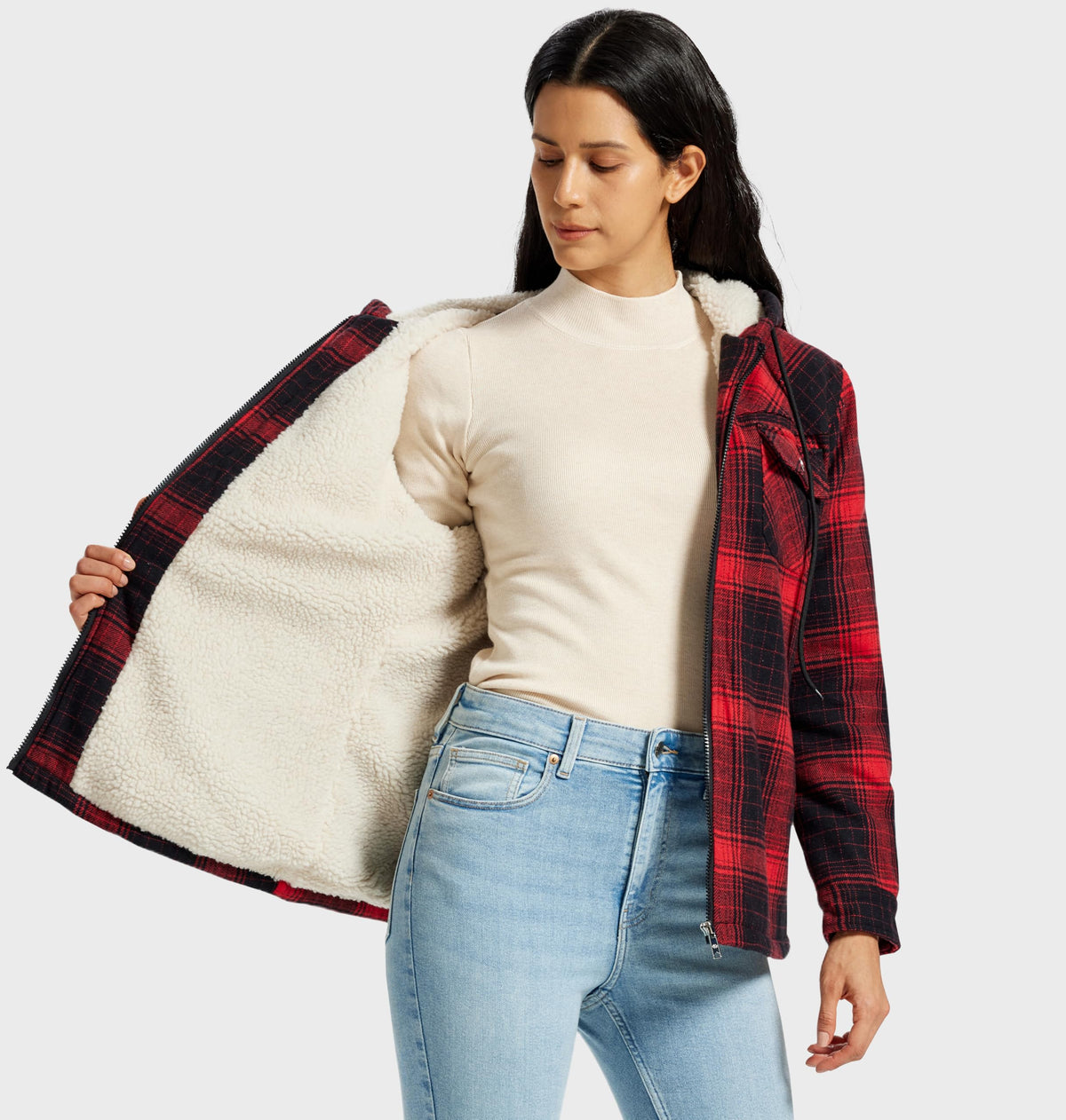 MoFiz Women Fleece Zip Up Hoodie Flannel Plaid Jacket With Pocket