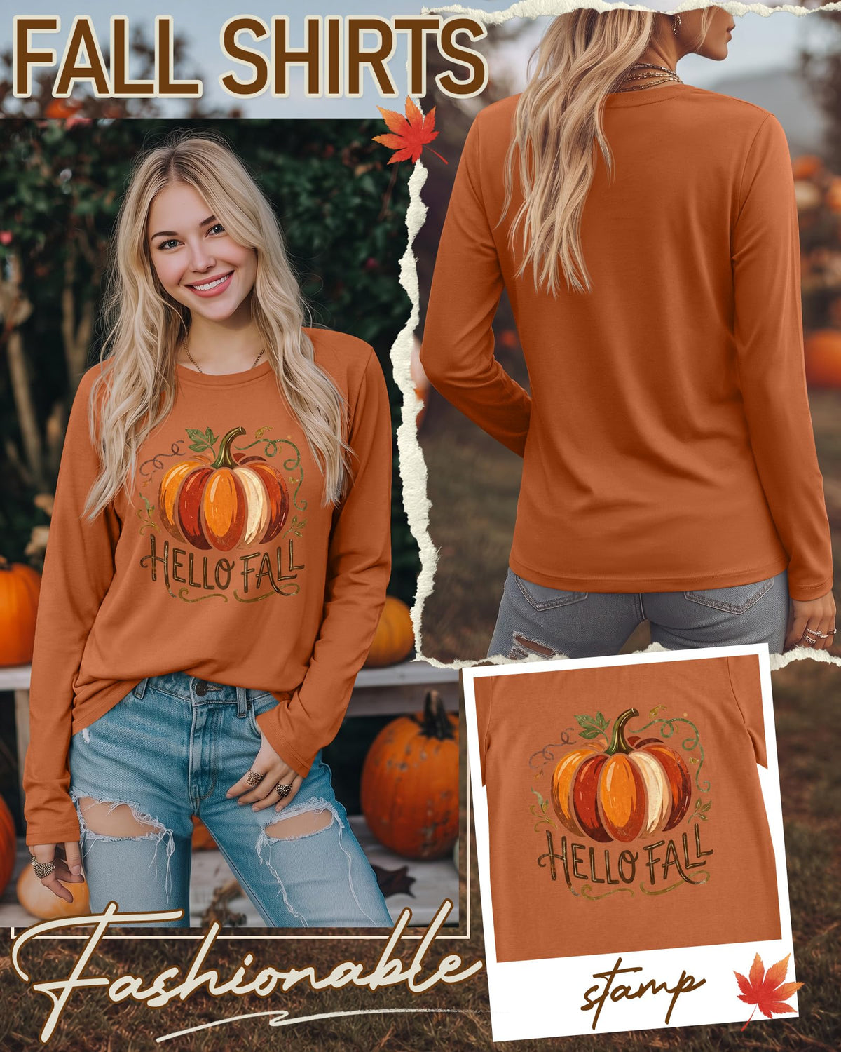 Huukeay Fall Shirts for Women Pumpkin Long Sleeve Tops