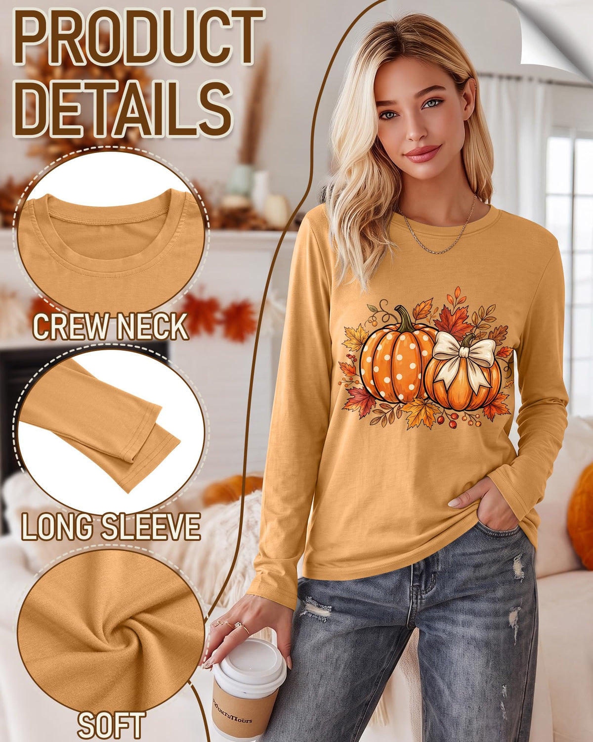 Huukeay Fall Shirts for Women Pumpkin Long Sleeve Tops