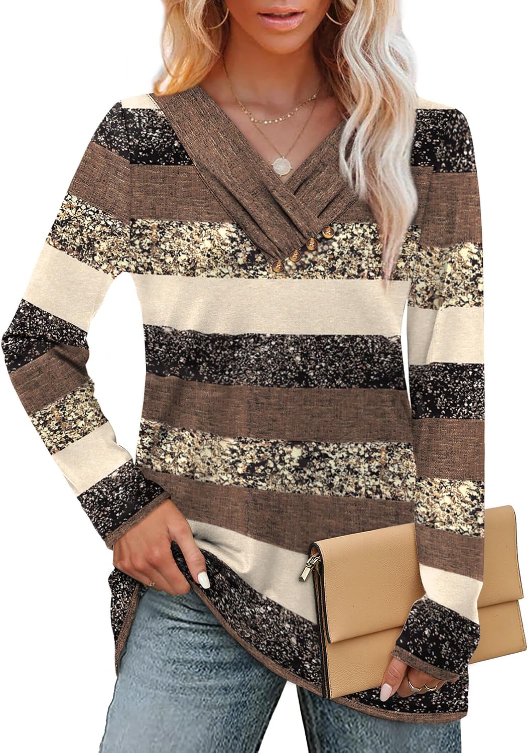 Women's V-Neck Long Sleeve Button Down Tunic Top