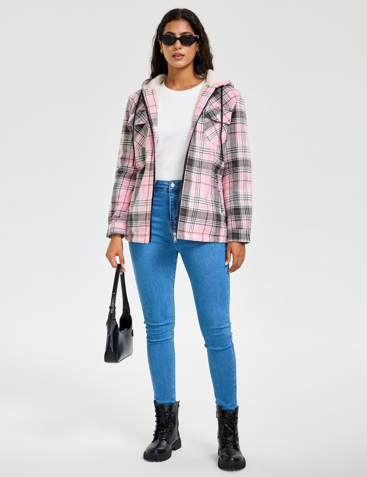 MoFiz Women Fleece Zip Up Hoodie Flannel Plaid Jacket With Pocket