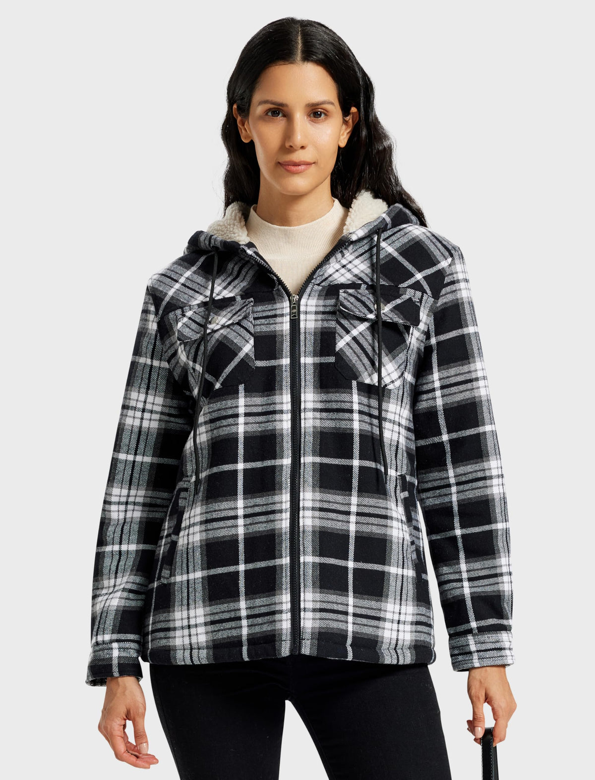 MoFiz Women Fleece Zip Up Hoodie Flannel Plaid Jacket With Pocket