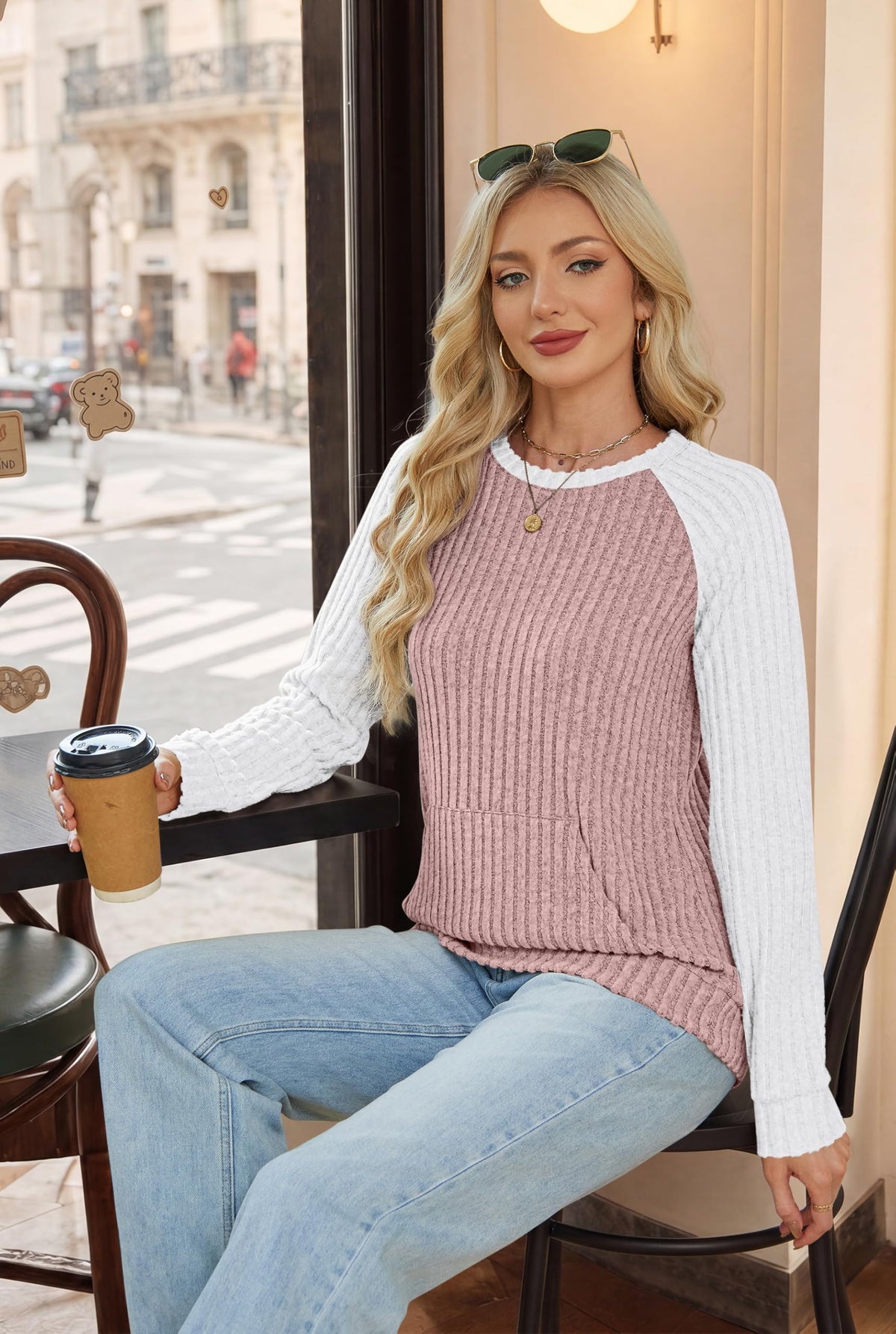 OFEEFAN Womens Fall Fashion 2026 Long Sleeve Tops Oversized Sweaters Winter Clothing with Pocket Color Block Tunics