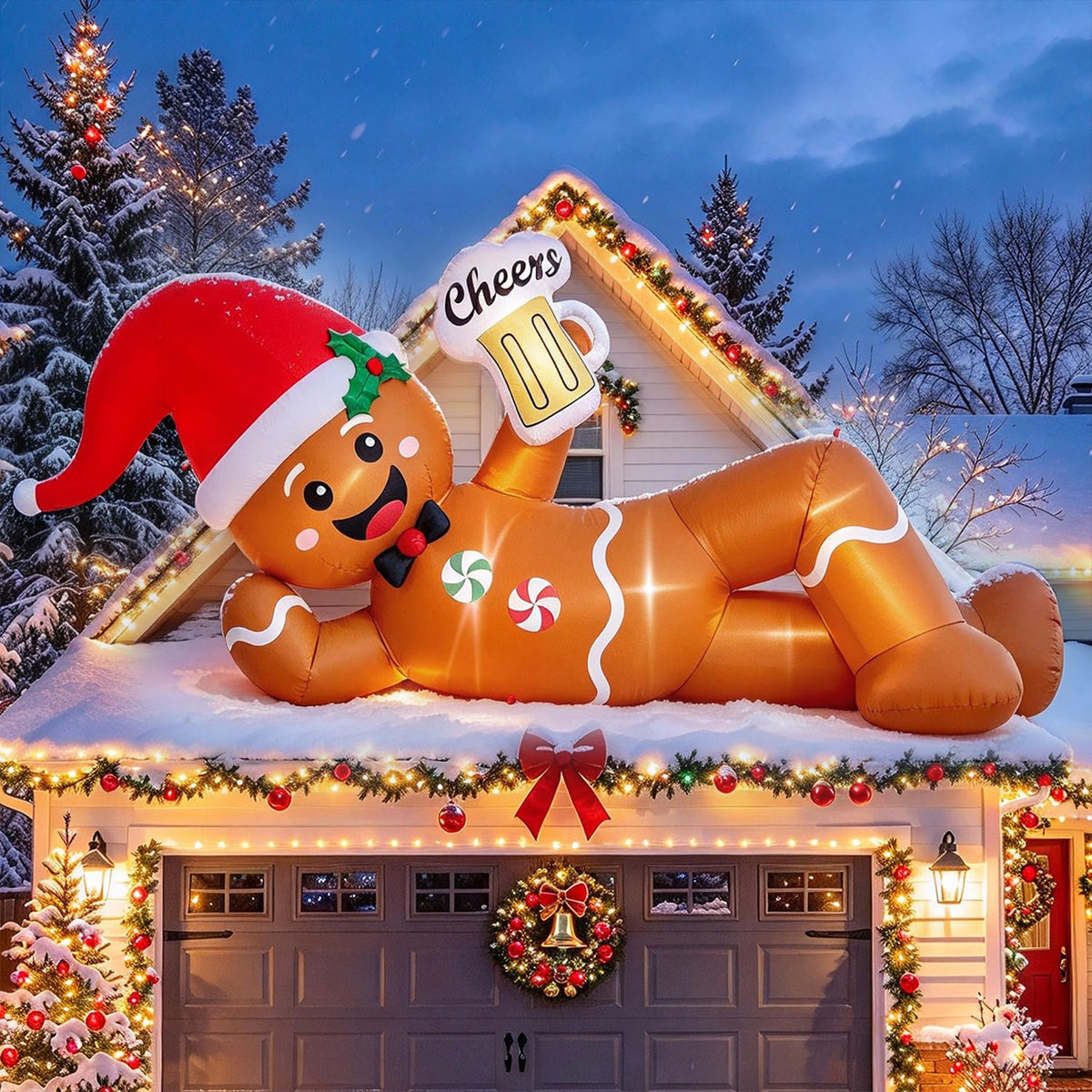 Juegoal Christmas Inflatables Outdoor Decorations, 12FT Long Inflatable Xmas Santa Claus, Lighted Blow Up Giant Lying Santa with Built in LED Lights, Light Up Holiday Winter Lawn Yard Garden Decor