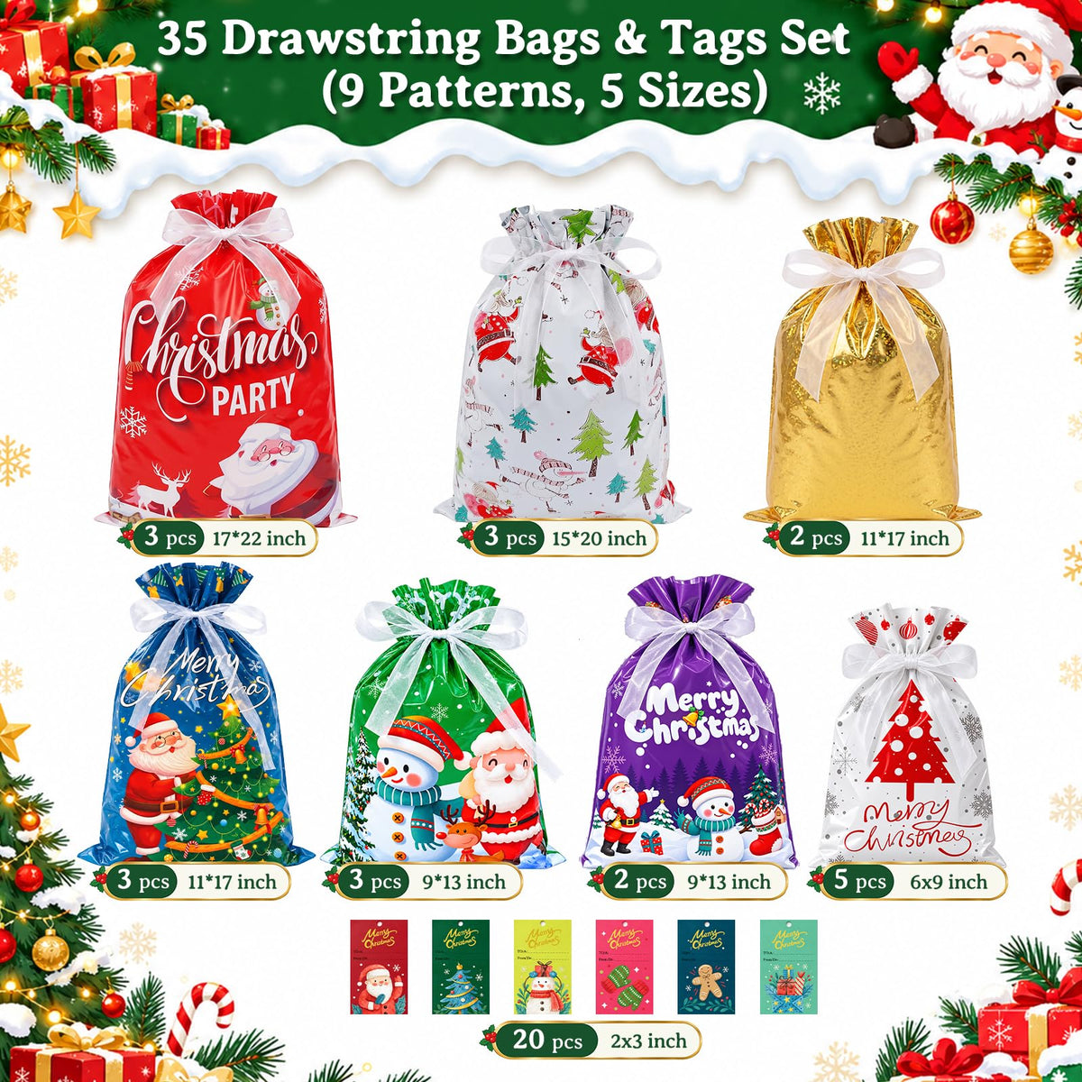 35PCS Christmas Drawstring Gift Bags, Assorted Sizes Small Medium Large