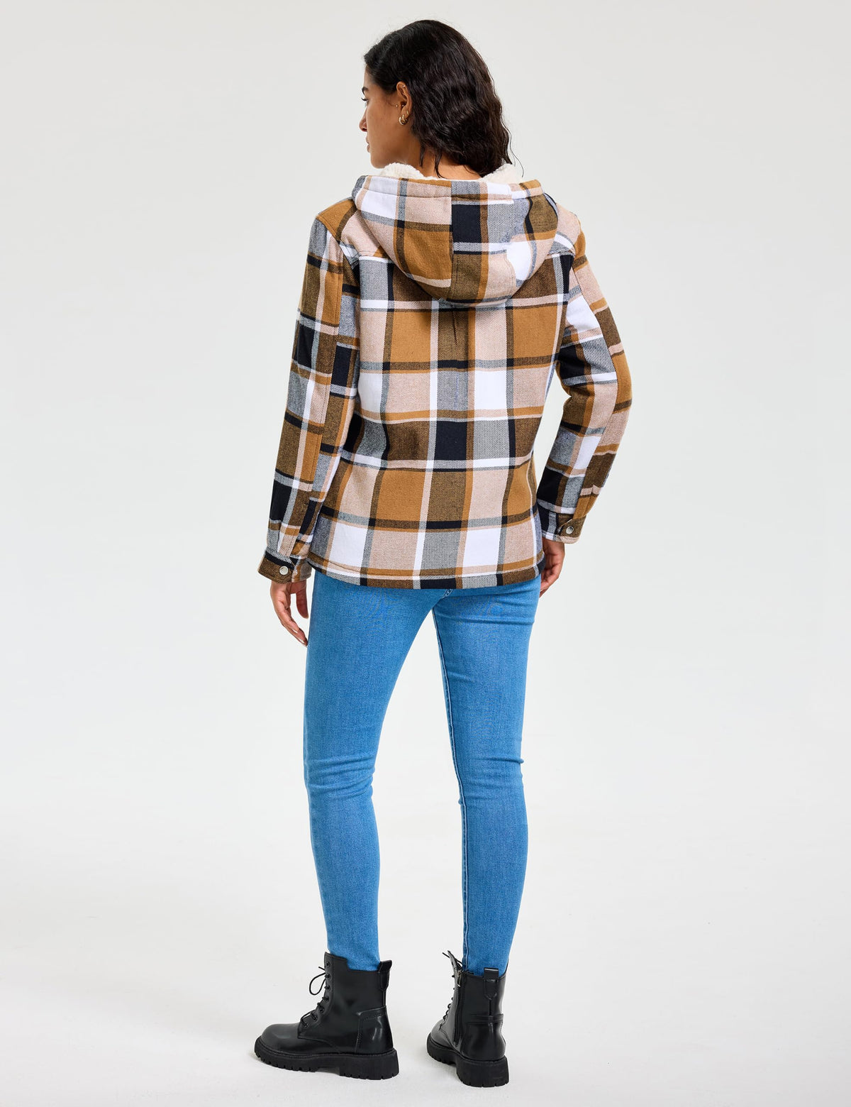 MoFiz Women Fleece Zip Up Hoodie Flannel Plaid Jacket With Pocket
