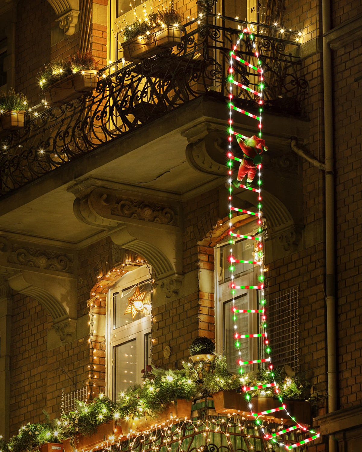 Toodour LED Christmas Lights - 10ft Christmas Decorative Ladder Lights with Santa Claus, Xmas Decorations Light for Indoor Outdoor, Window, Garden, Home, Wall, Xmas Tree Decor - Warm White