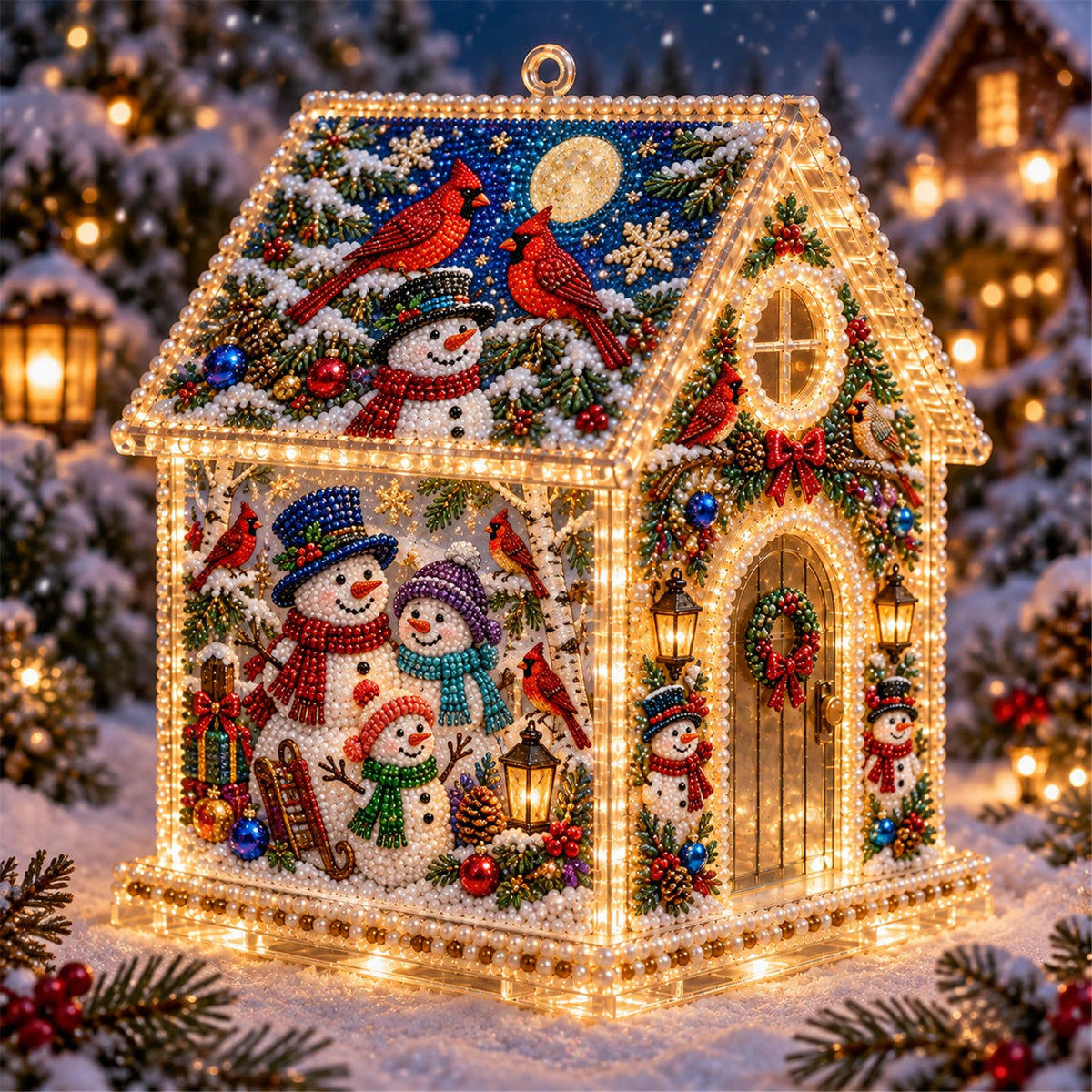 DIY Light Up Pearl Diamond Art Acrylic Cottage Kit，Christmas Village