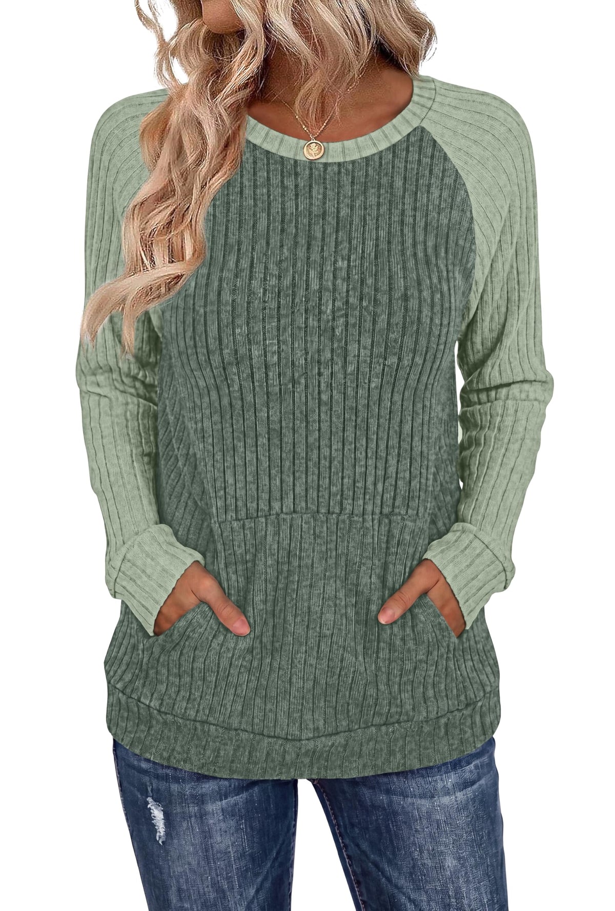 OFEEFAN Womens Fall Fashion 2026 Long Sleeve Tops Oversized Sweaters Winter Clothing with Pocket Color Block Tunics