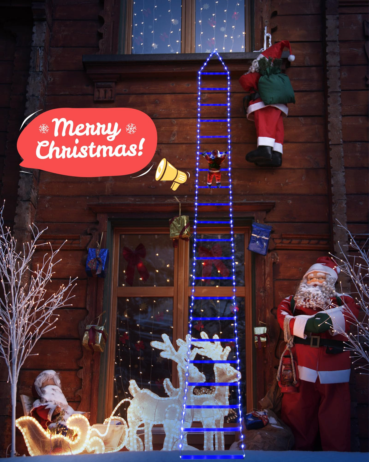 Toodour LED Christmas Lights - 10ft Christmas Decorative Ladder Lights with Santa Claus, Xmas Decorations Light for Indoor Outdoor, Window, Garden, Home, Wall, Xmas Tree Decor - Warm White