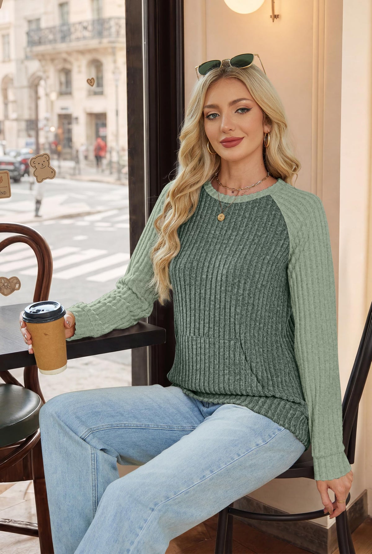 OFEEFAN Womens Fall Fashion 2026 Long Sleeve Tops Oversized Sweaters Winter Clothing with Pocket Color Block Tunics
