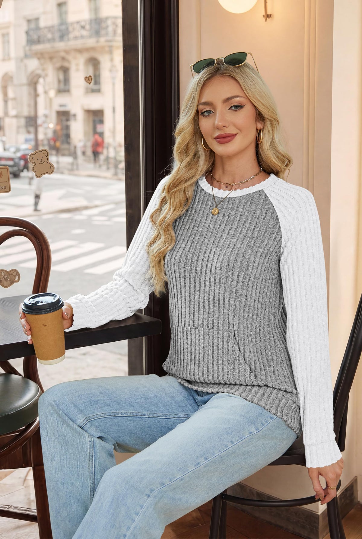 OFEEFAN Womens Fall Fashion 2026 Long Sleeve Tops Oversized Sweaters Winter Clothing with Pocket Color Block Tunics