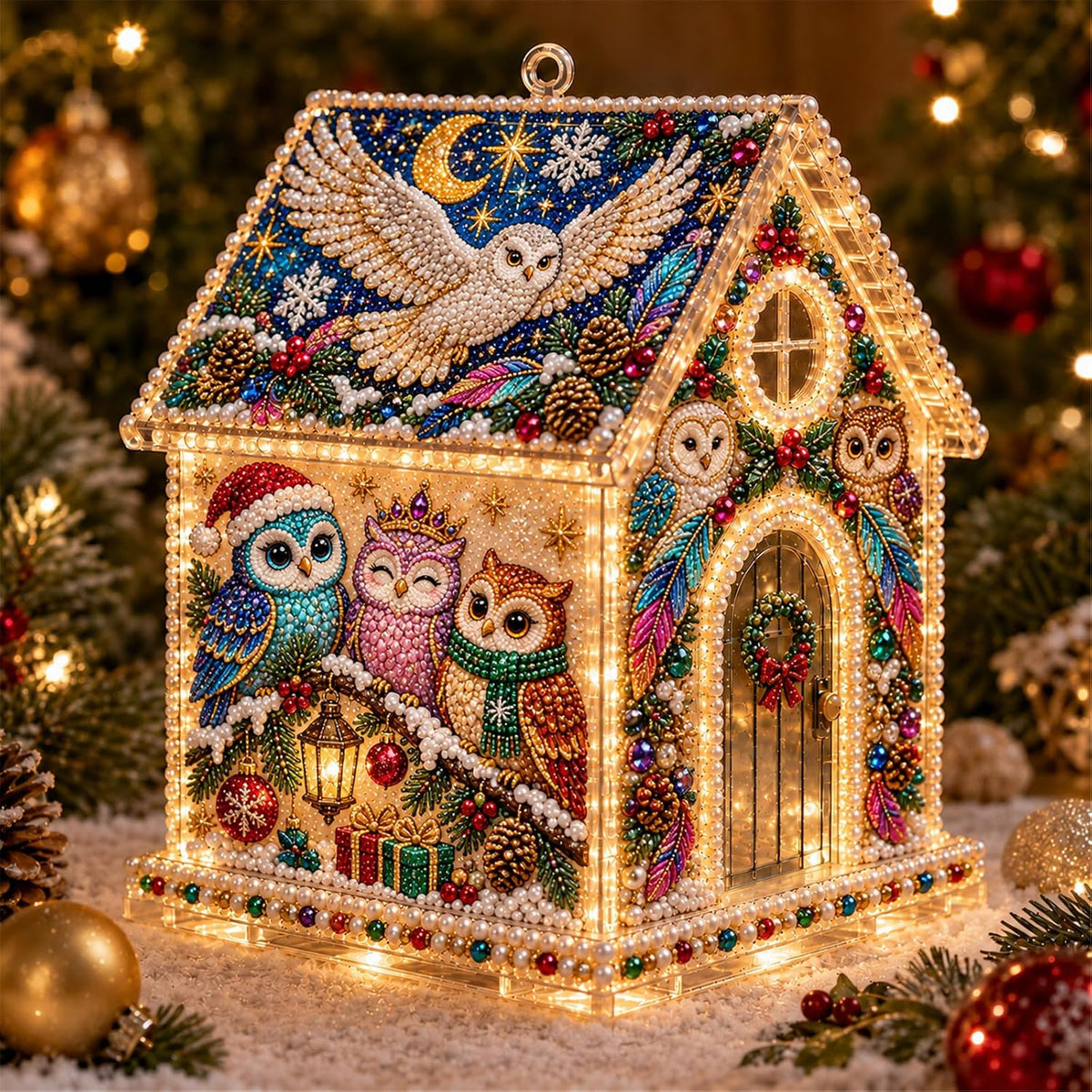 DIY Light Up Pearl Diamond Art Acrylic Cottage Kit，Christmas Village
