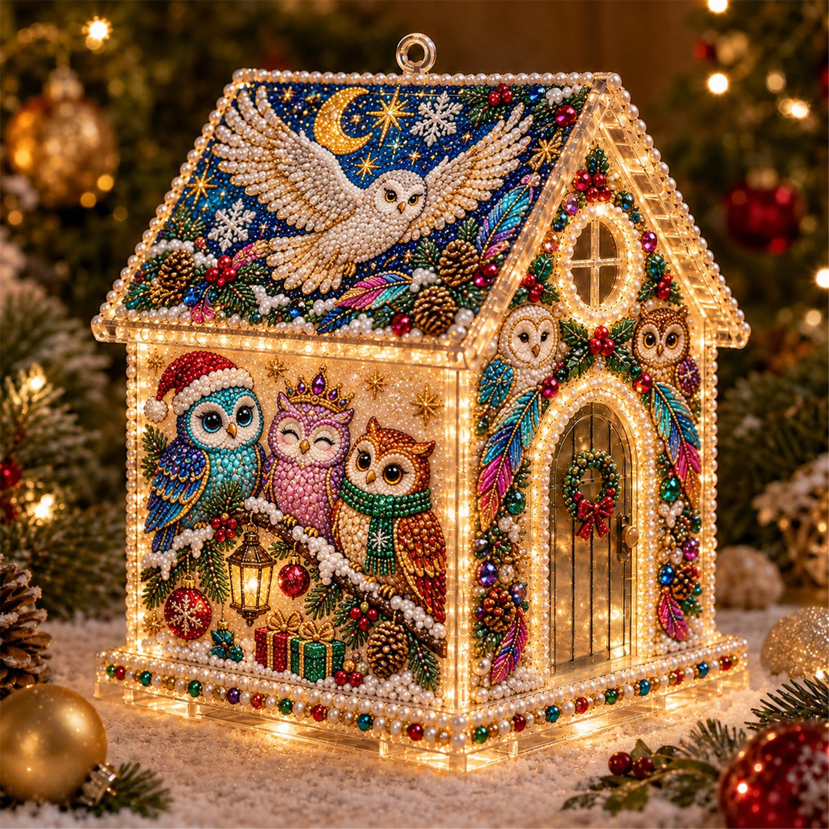DIY Light Up Pearl Diamond Art Acrylic Cottage Kit，Christmas Village
