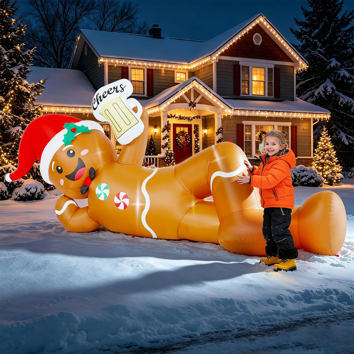 Juegoal Christmas Inflatables Outdoor Decorations, 12FT Long Inflatable Xmas Santa Claus, Lighted Blow Up Giant Lying Santa with Built in LED Lights, Light Up Holiday Winter Lawn Yard Garden Decor