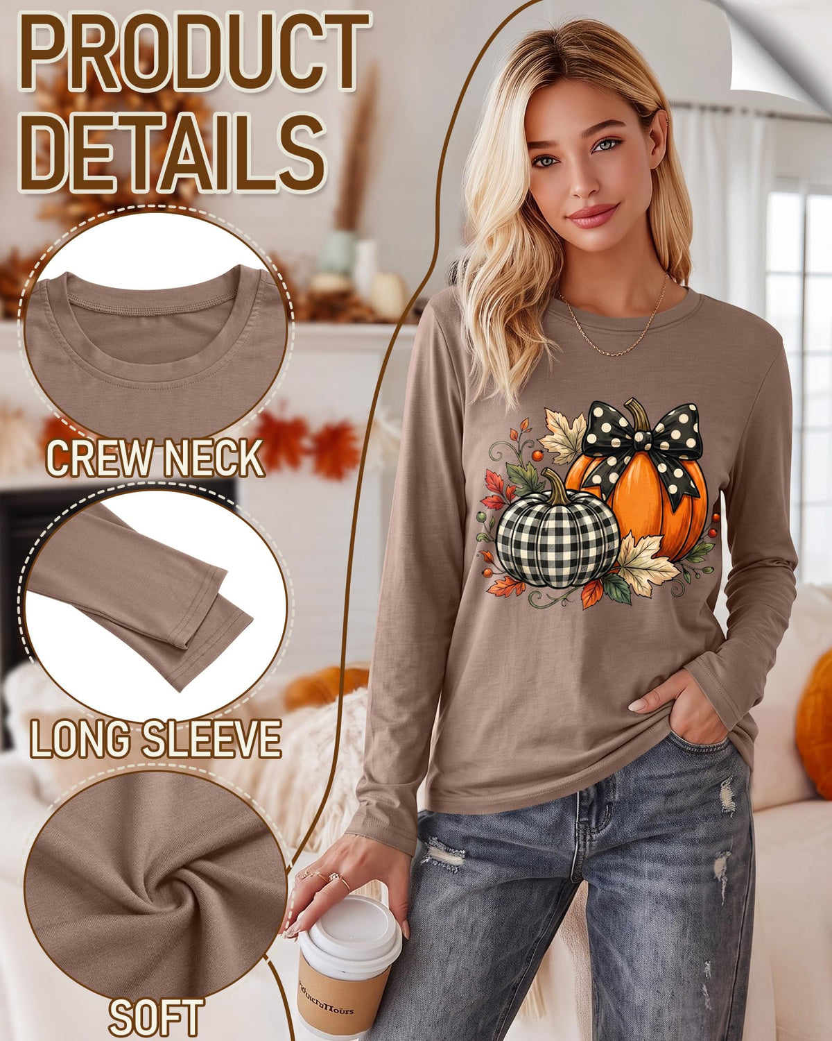 Huukeay Fall Shirts for Women Pumpkin Long Sleeve Tops