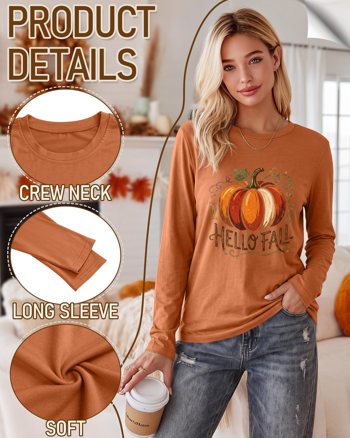 Huukeay Fall Shirts for Women Pumpkin Long Sleeve Tops