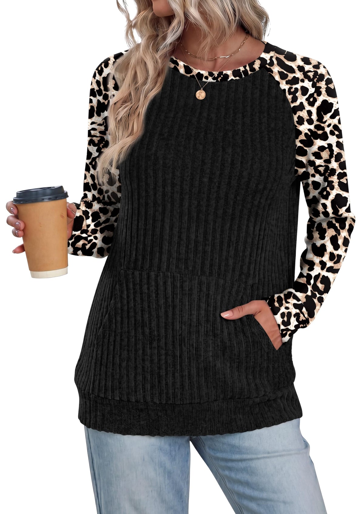 OFEEFAN Womens Fall Fashion 2026 Long Sleeve Tops Oversized Sweaters Winter Clothing with Pocket Color Block Tunics