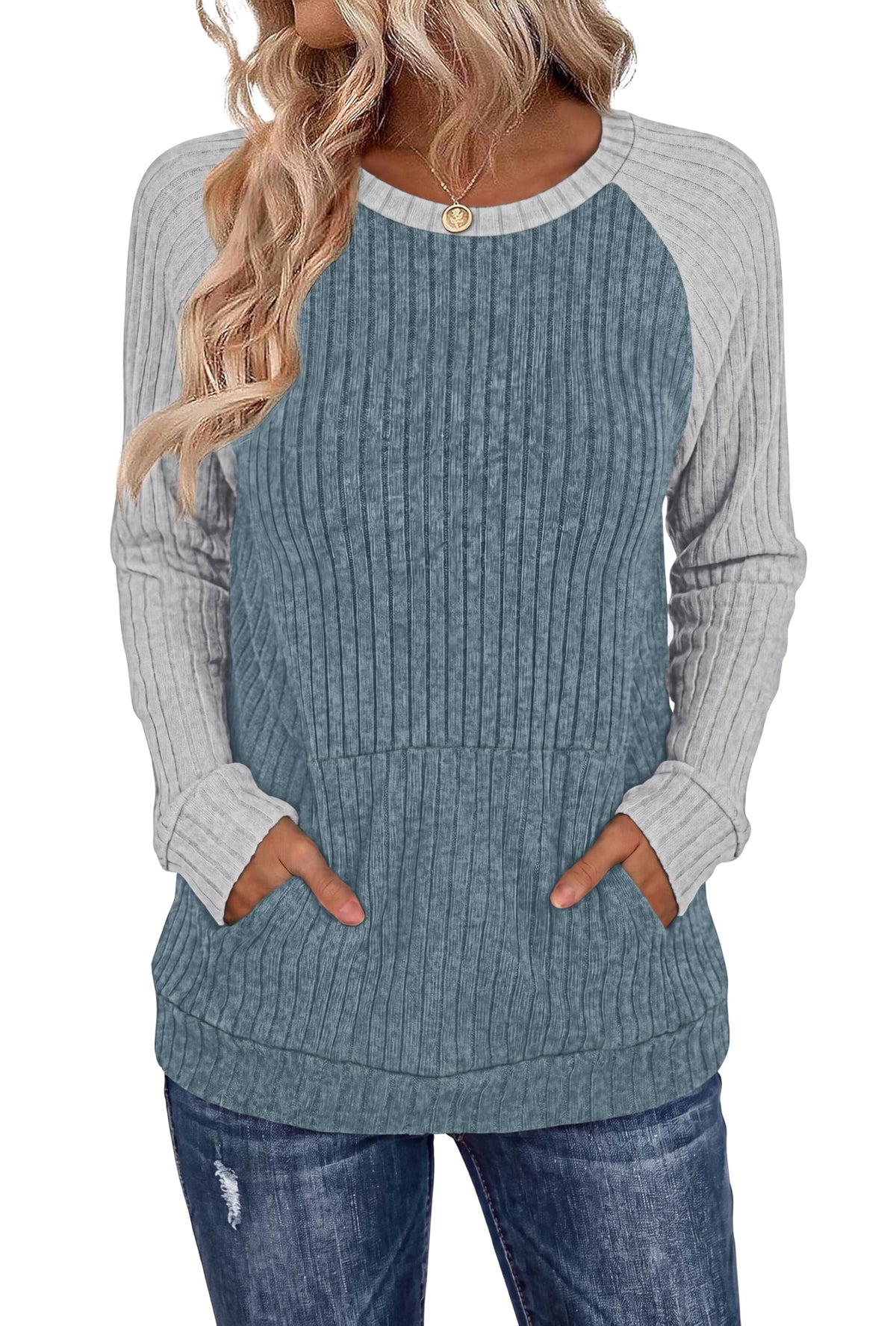 OFEEFAN Womens Fall Fashion 2026 Long Sleeve Tops Oversized Sweaters Winter Clothing with Pocket Color Block Tunics