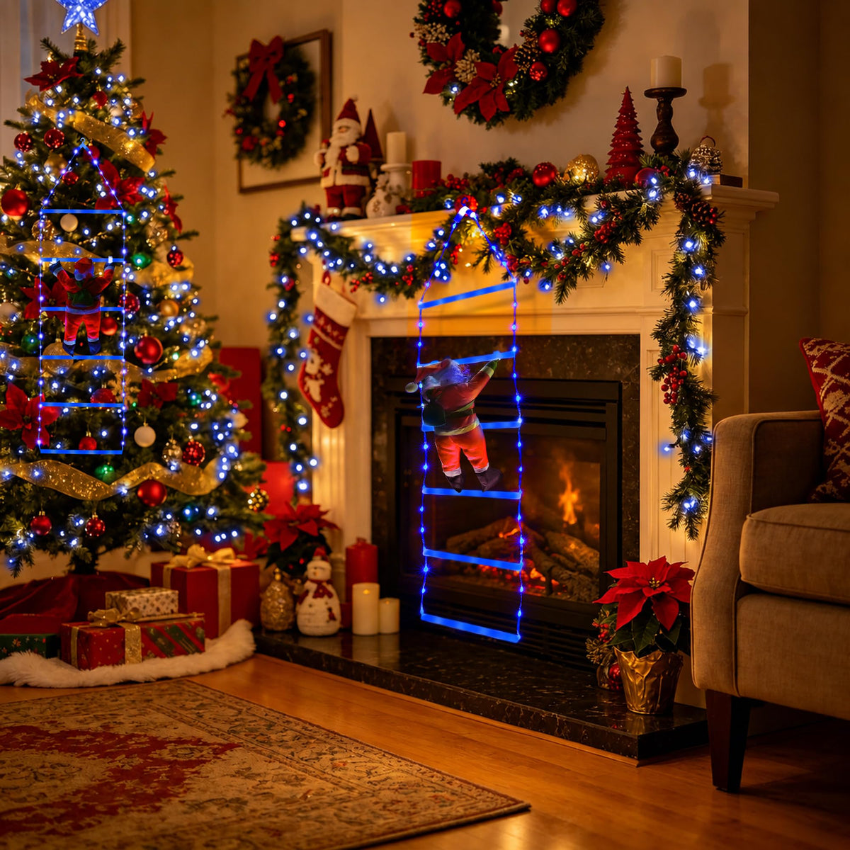Toodour LED Christmas Lights - 10ft Christmas Decorative Ladder Lights with Santa Claus, Xmas Decorations Light for Indoor Outdoor, Window, Garden, Home, Wall, Xmas Tree Decor - Warm White