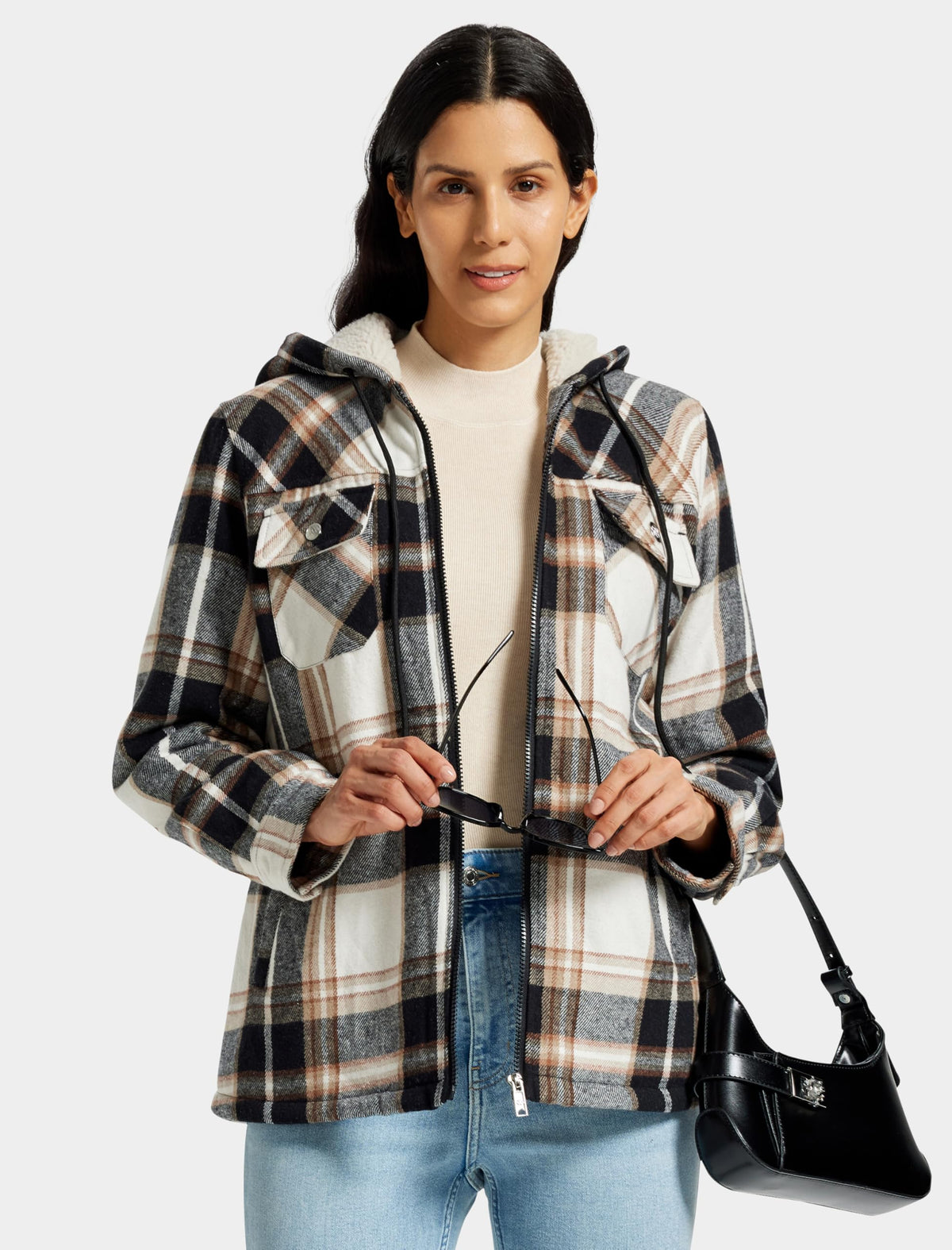 MoFiz Women Fleece Zip Up Hoodie Flannel Plaid Jacket With Pocket