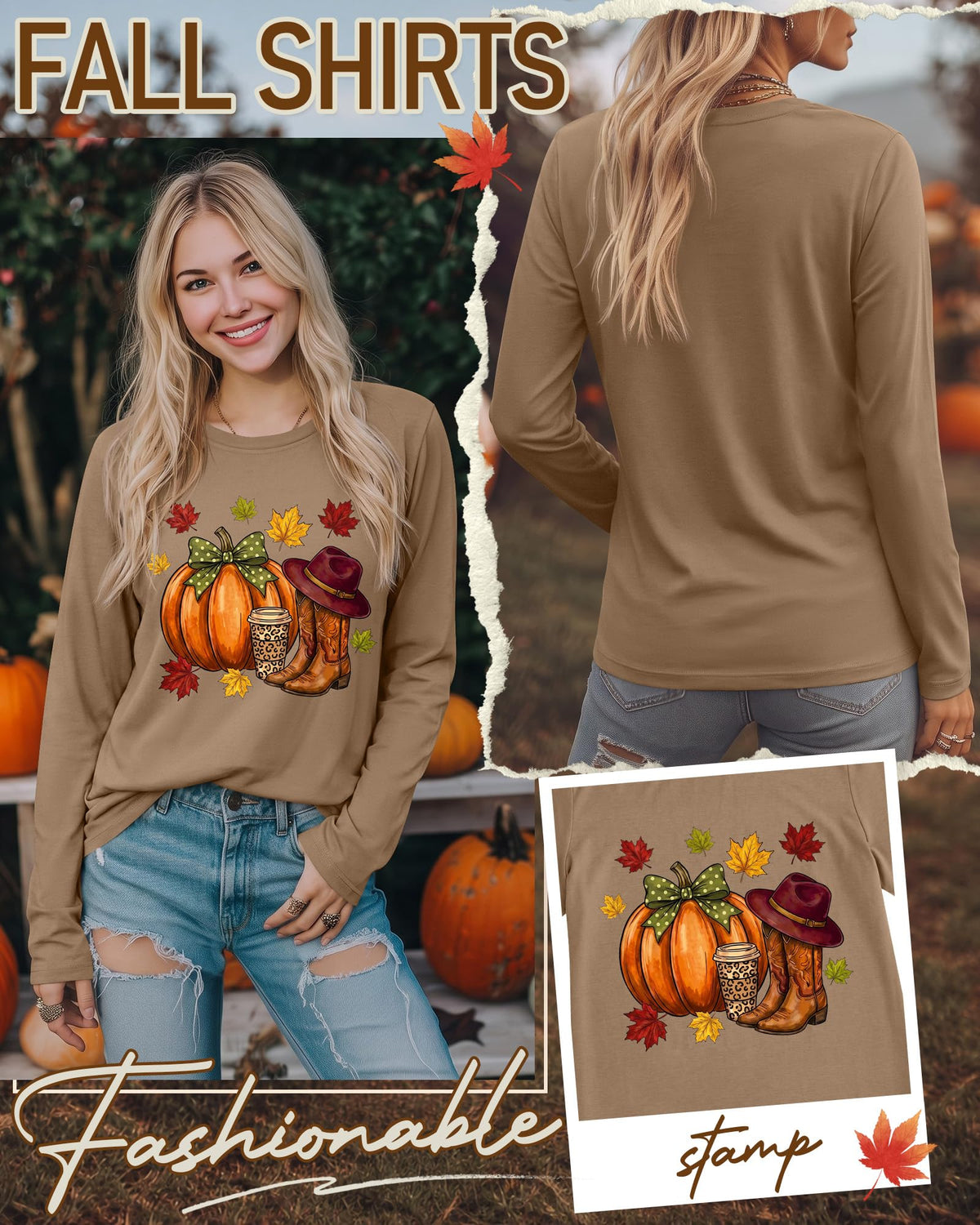 Huukeay Fall Shirts for Women Pumpkin Long Sleeve Tops
