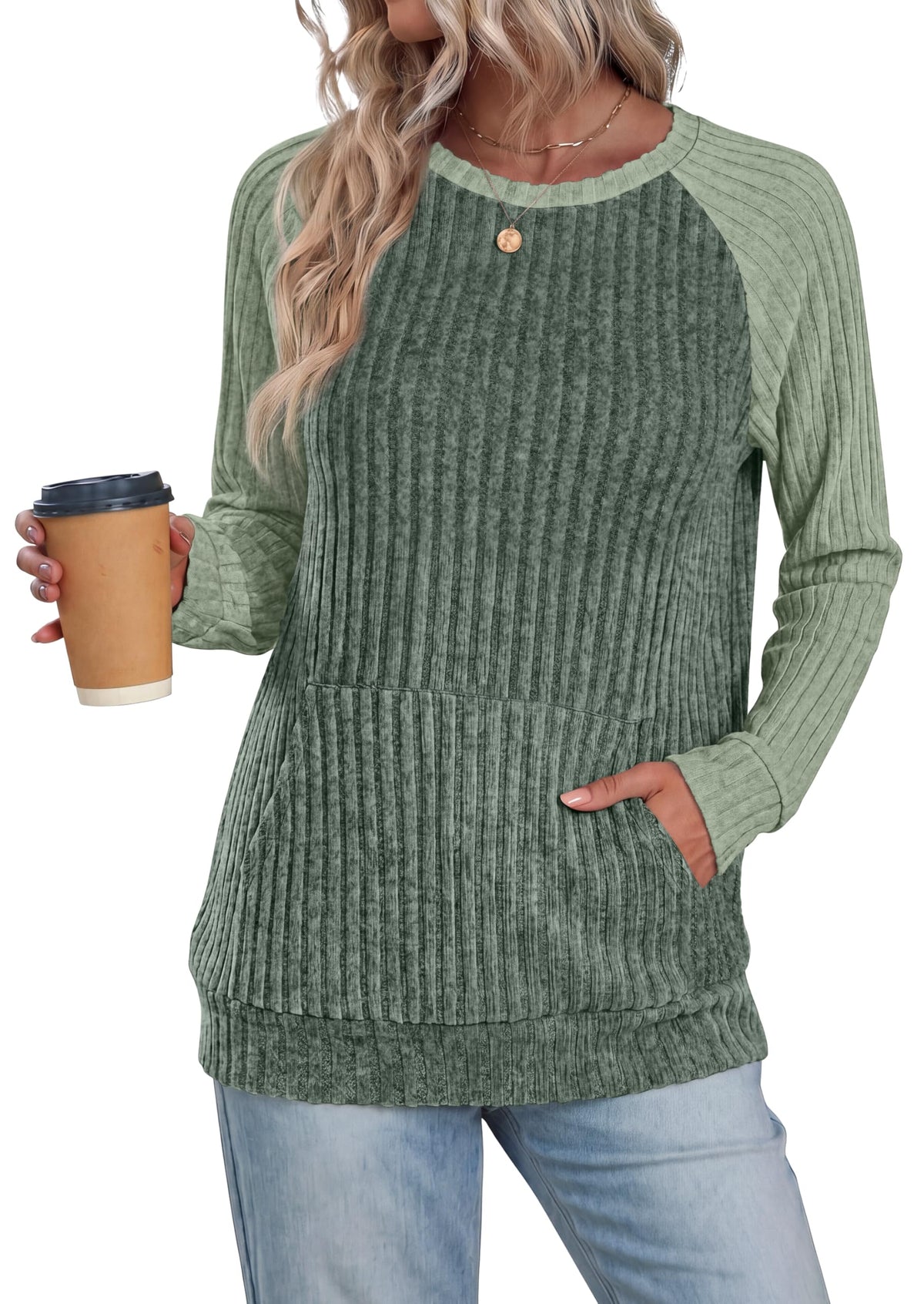 OFEEFAN Womens Fall Fashion 2026 Long Sleeve Tops Oversized Sweaters Winter Clothing with Pocket Color Block Tunics
