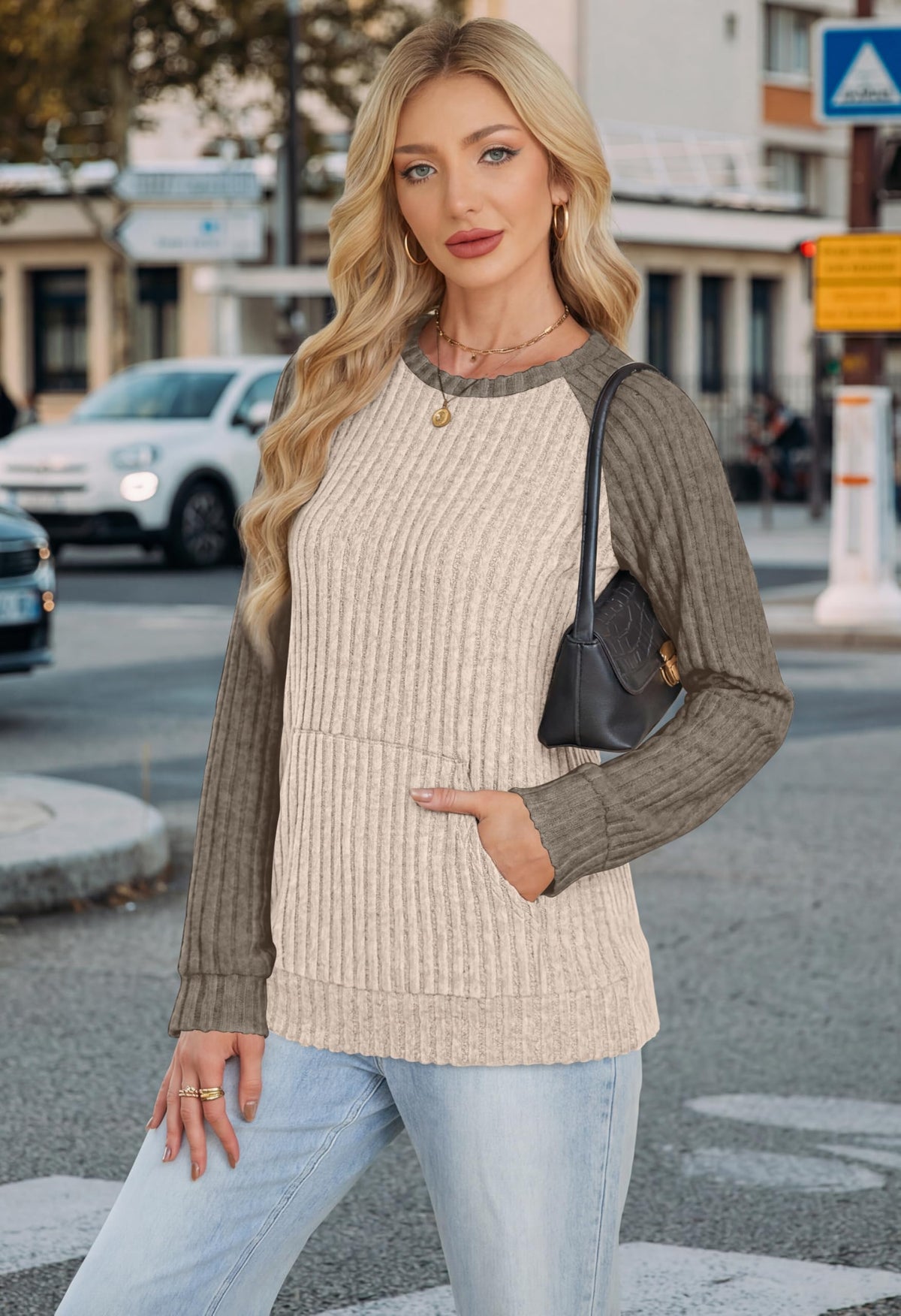 OFEEFAN Womens Fall Fashion 2026 Long Sleeve Tops Oversized Sweaters Winter Clothing with Pocket Color Block Tunics