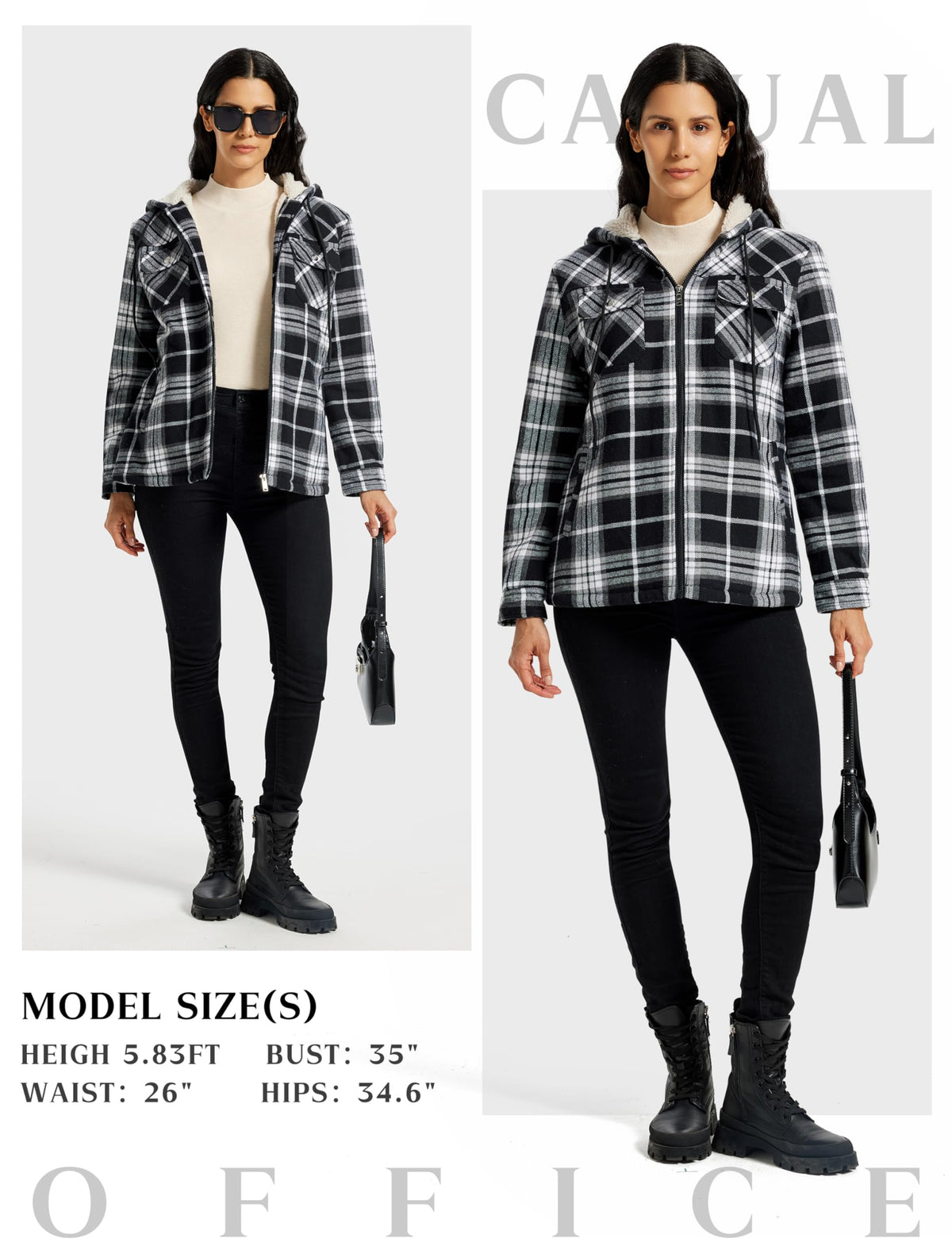 MoFiz Women Fleece Zip Up Hoodie Flannel Plaid Jacket With Pocket