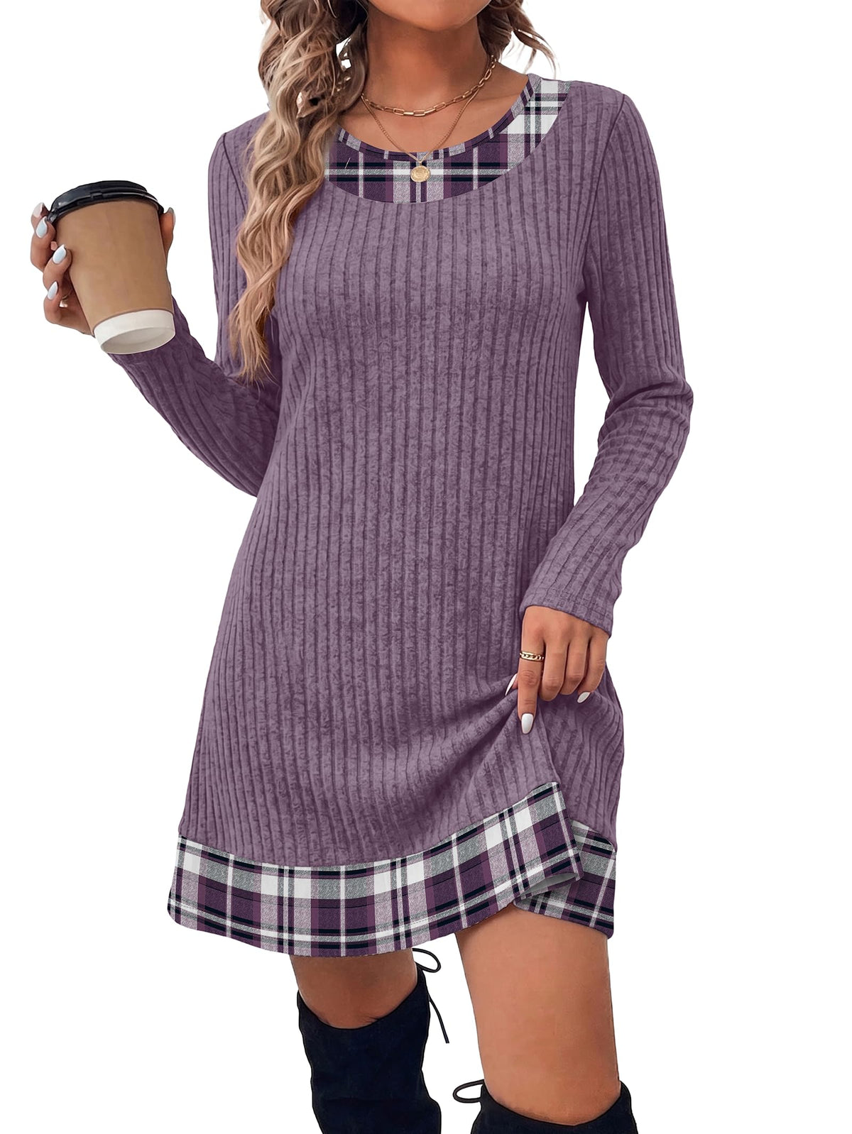 OFEEFAN Fall Dresses for Women 2026 Long Sleeve Sweater Dress Color Block
