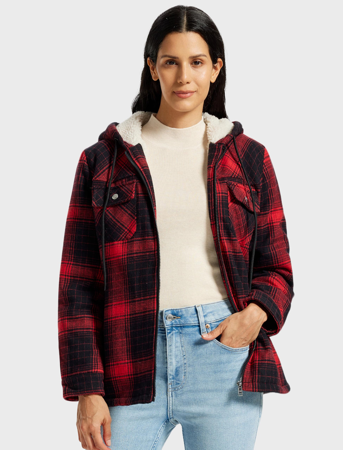 MoFiz Women Fleece Zip Up Hoodie Flannel Plaid Jacket With Pocket