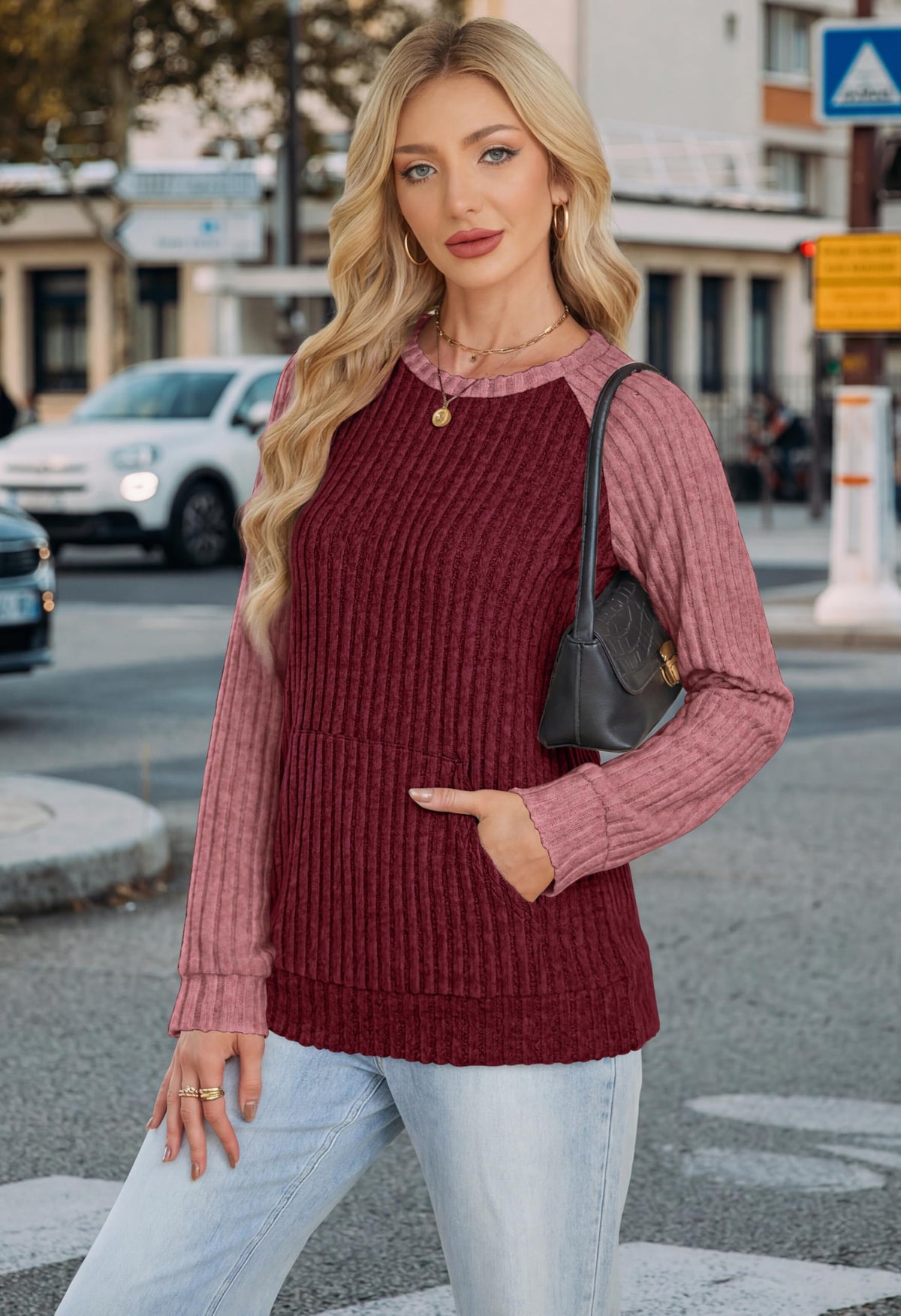 OFEEFAN Womens Fall Fashion 2026 Long Sleeve Tops Oversized Sweaters Winter Clothing with Pocket Color Block Tunics
