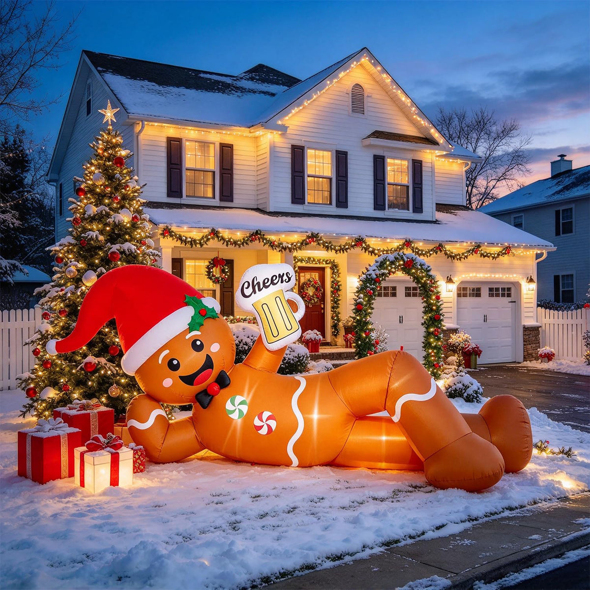 Juegoal Christmas Inflatables Outdoor Decorations, 12FT Long Inflatable Xmas Santa Claus, Lighted Blow Up Giant Lying Santa with Built in LED Lights, Light Up Holiday Winter Lawn Yard Garden Decor