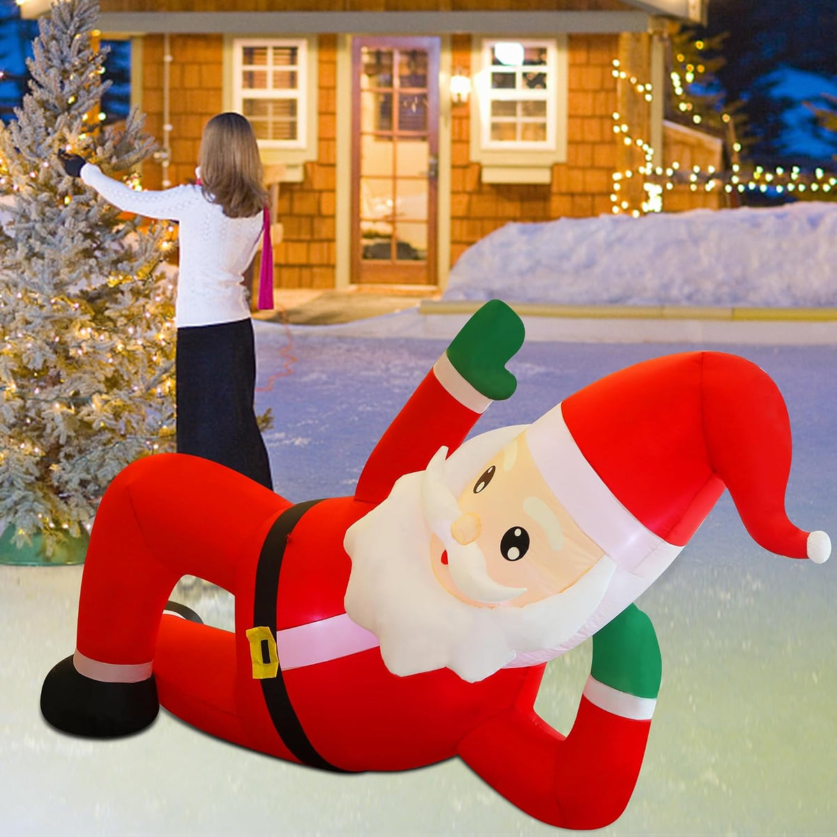 Juegoal Christmas Inflatables Outdoor Decorations, 12FT Long Inflatable Xmas Santa Claus, Lighted Blow Up Giant Lying Santa with Built in LED Lights, Light Up Holiday Winter Lawn Yard Garden Decor
