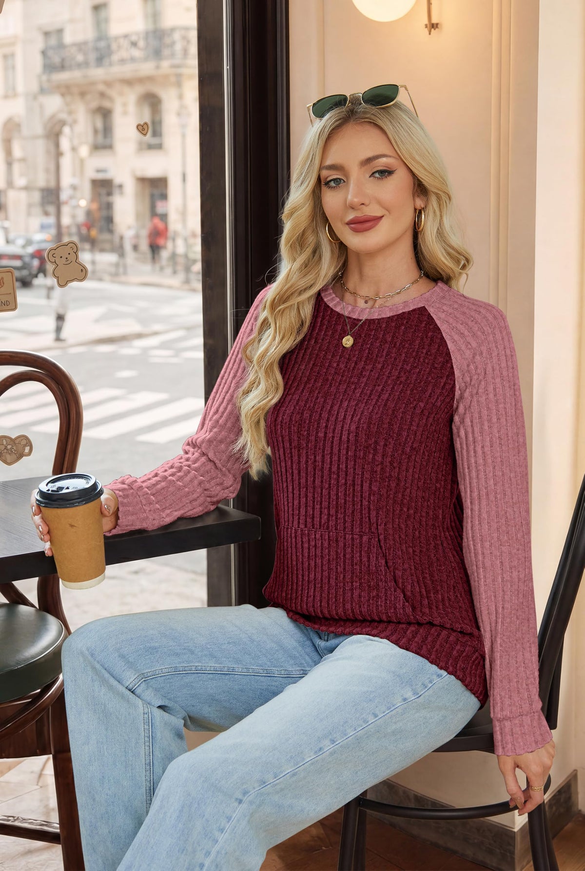 OFEEFAN Womens Fall Fashion 2026 Long Sleeve Tops Oversized Sweaters Winter Clothing with Pocket Color Block Tunics