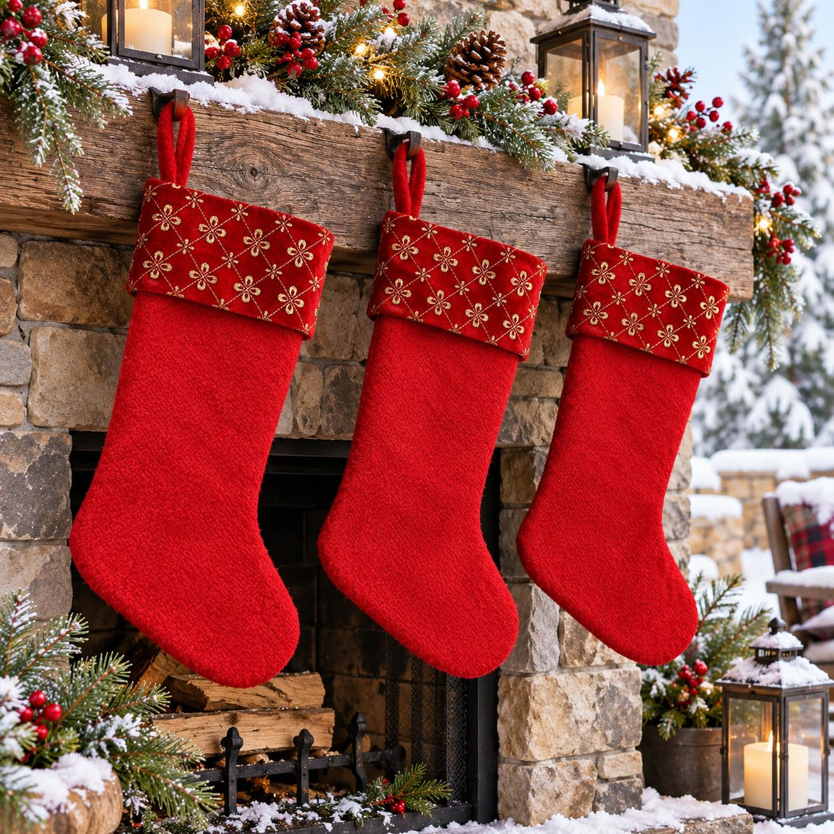 6 Pack Christmas Stockings18 Large Red Plush Christmas Stockings with White Faux Fur Cuff, Soft Thick Xmas Hanging Stockings for Fireplace Mantel, Family Holiday Decorations