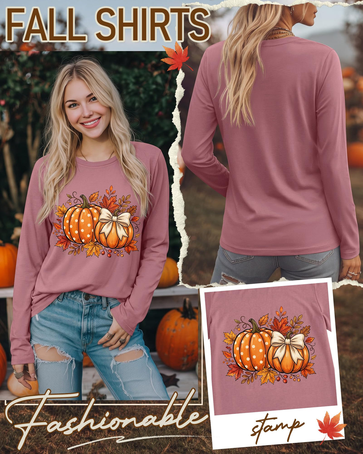 Huukeay Fall Shirts for Women Pumpkin Long Sleeve Tops