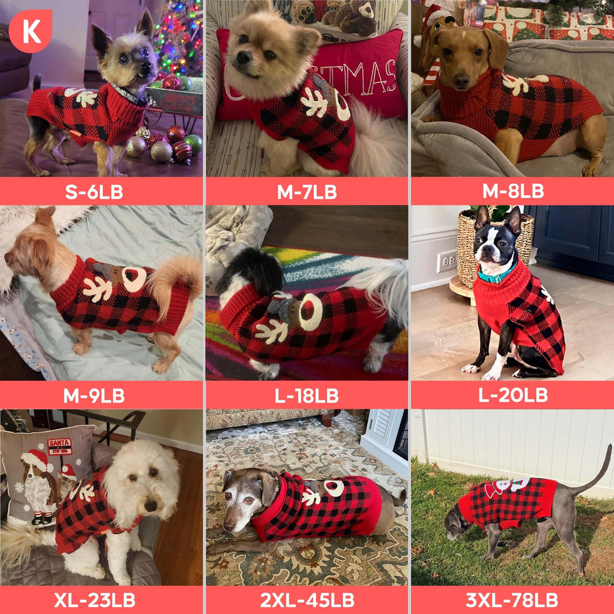 KYEESE Dog Christmas Sweater for Medium Large Dogs, Buffalo Plaid Reindeer