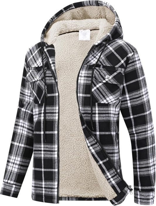 MoFiz Women Fleece Zip Up Hoodie Flannel Plaid Jacket With Pocket
