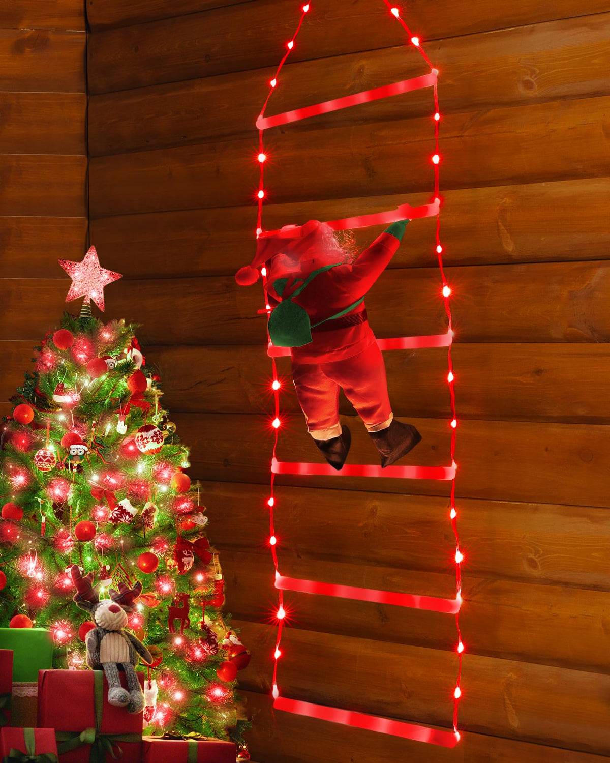 Toodour LED Christmas Lights - 10ft Christmas Decorative Ladder Lights with Santa Claus, Xmas Decorations Light for Indoor Outdoor, Window, Garden, Home, Wall, Xmas Tree Decor - Warm White