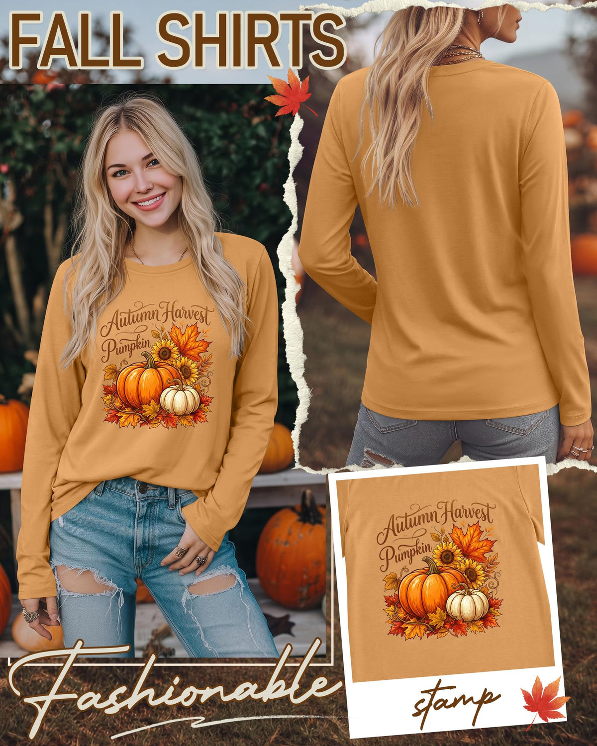 Huukeay Fall Shirts for Women Pumpkin Long Sleeve Tops