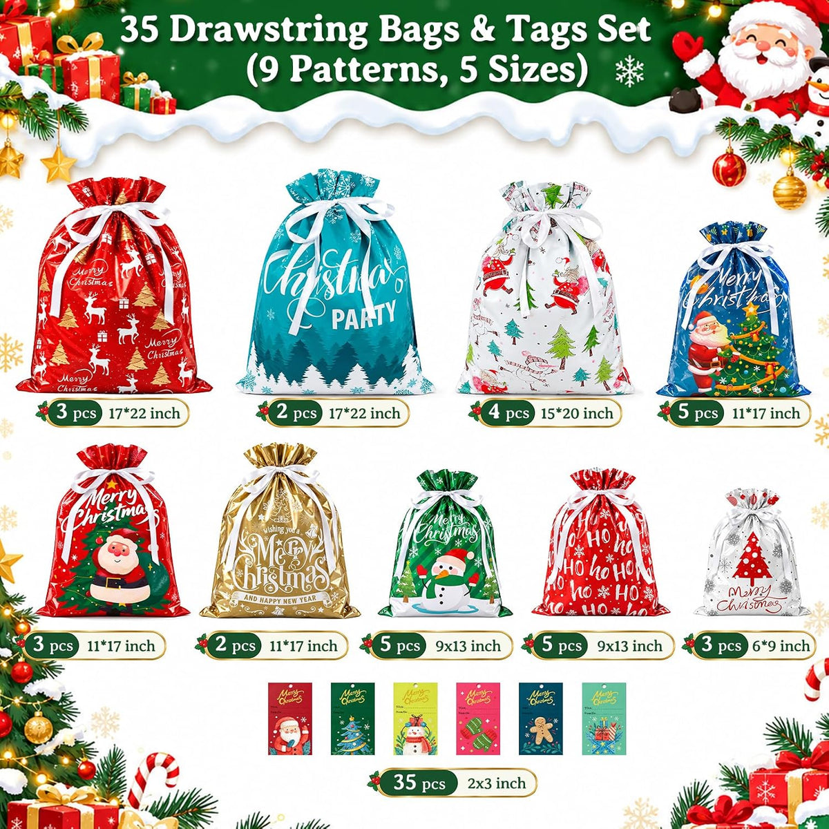 35PCS Christmas Drawstring Gift Bags, Assorted Sizes Small Medium Large