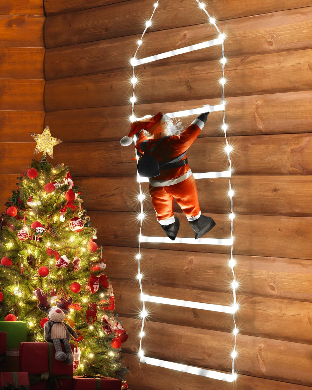 Toodour LED Christmas Lights - 10ft Christmas Decorative Ladder Lights with Santa Claus, Xmas Decorations Light for Indoor Outdoor, Window, Garden, Home, Wall, Xmas Tree Decor - Warm White