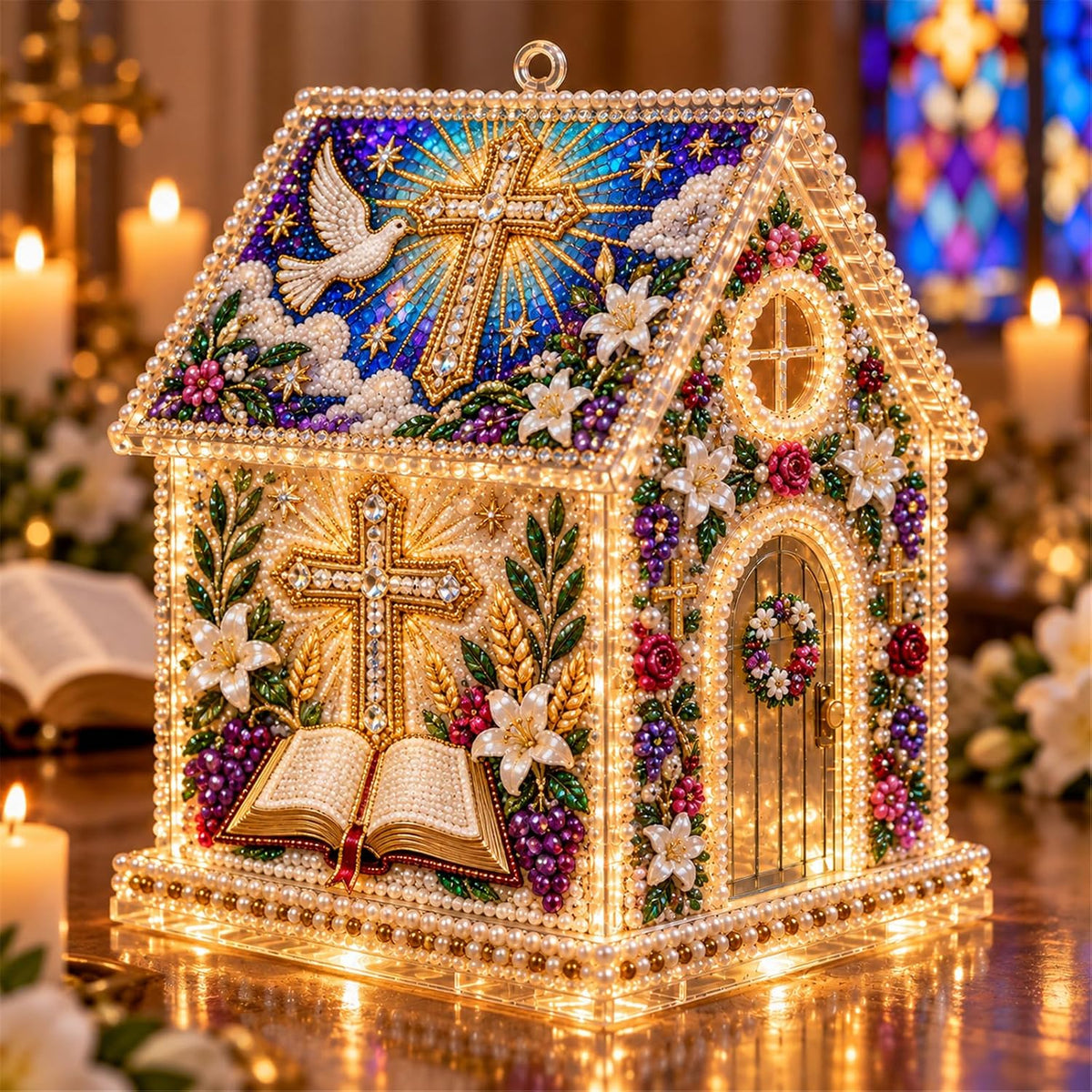DIY Light Up Pearl Diamond Art Acrylic Cottage Kit，Christmas Village