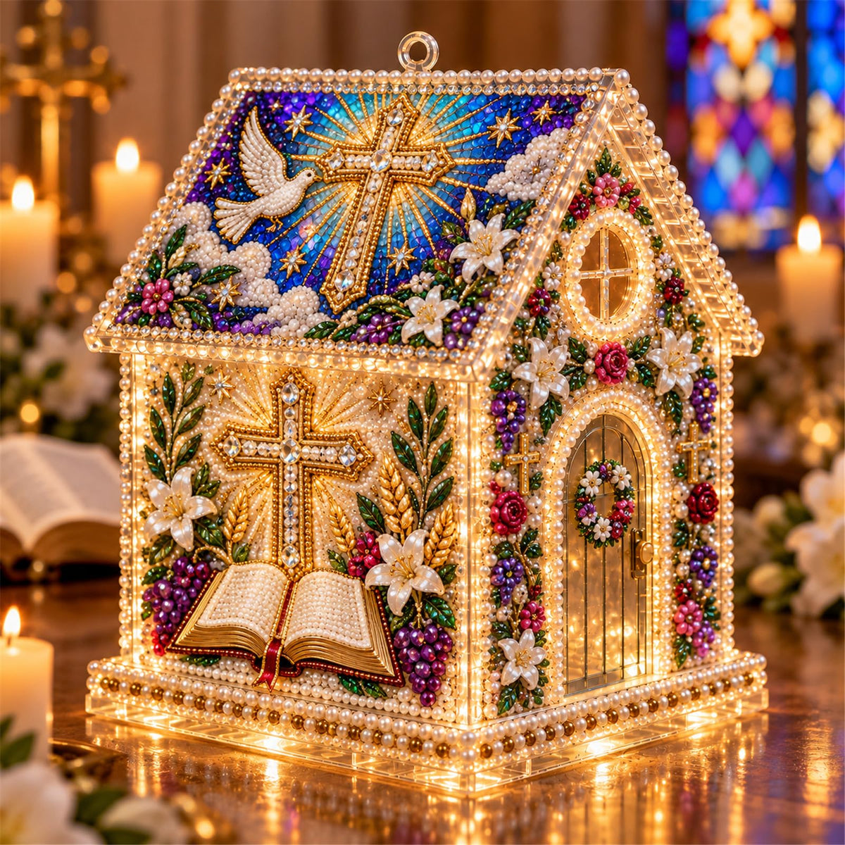 DIY Light Up Pearl Diamond Art Acrylic Cottage Kit，Christmas Village