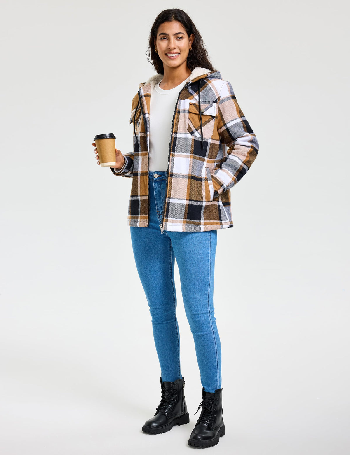 MoFiz Women Fleece Zip Up Hoodie Flannel Plaid Jacket With Pocket